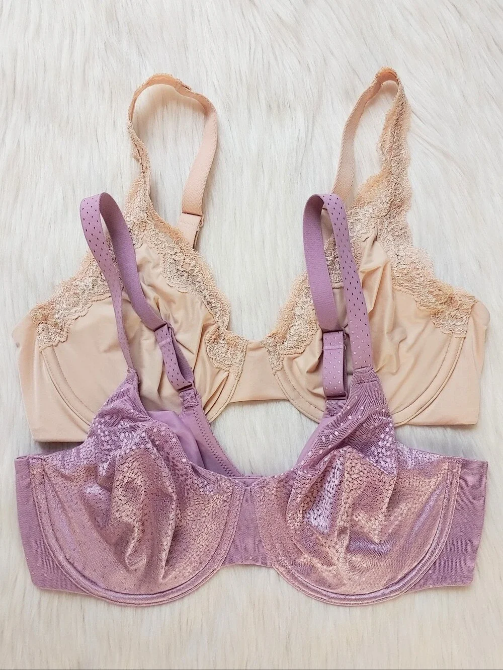 Wacoal Light Beige-Pink Lace & Purple Jacquard Unlined Underwire Bras, 36D